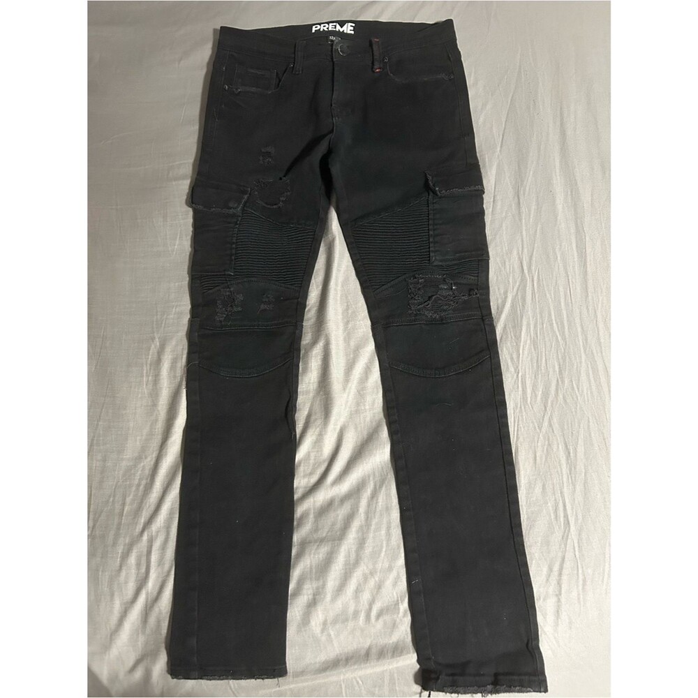 PREME Black Cargo Denim Biker Jeans Size 33x34